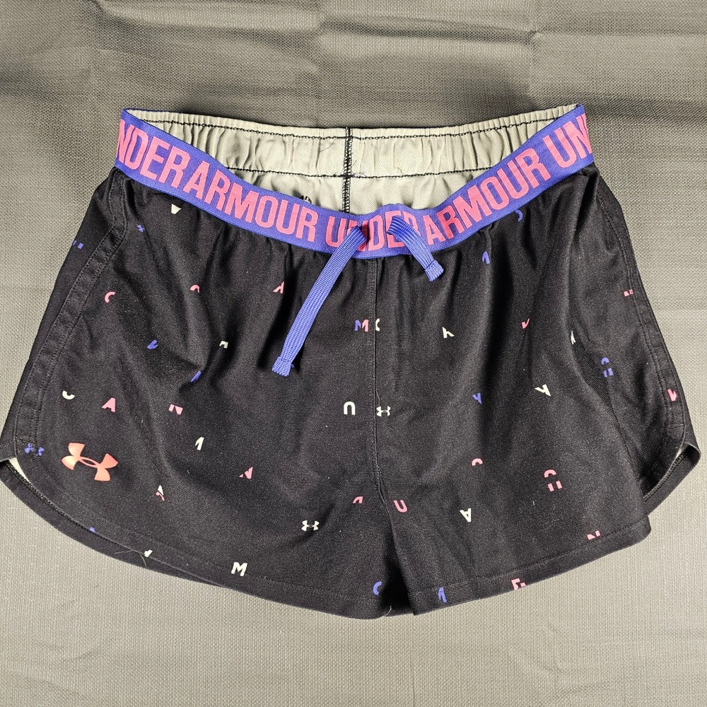 Under Armour HeatGear Shorts Girls YXL Black Multi Letter Print Athletic Running